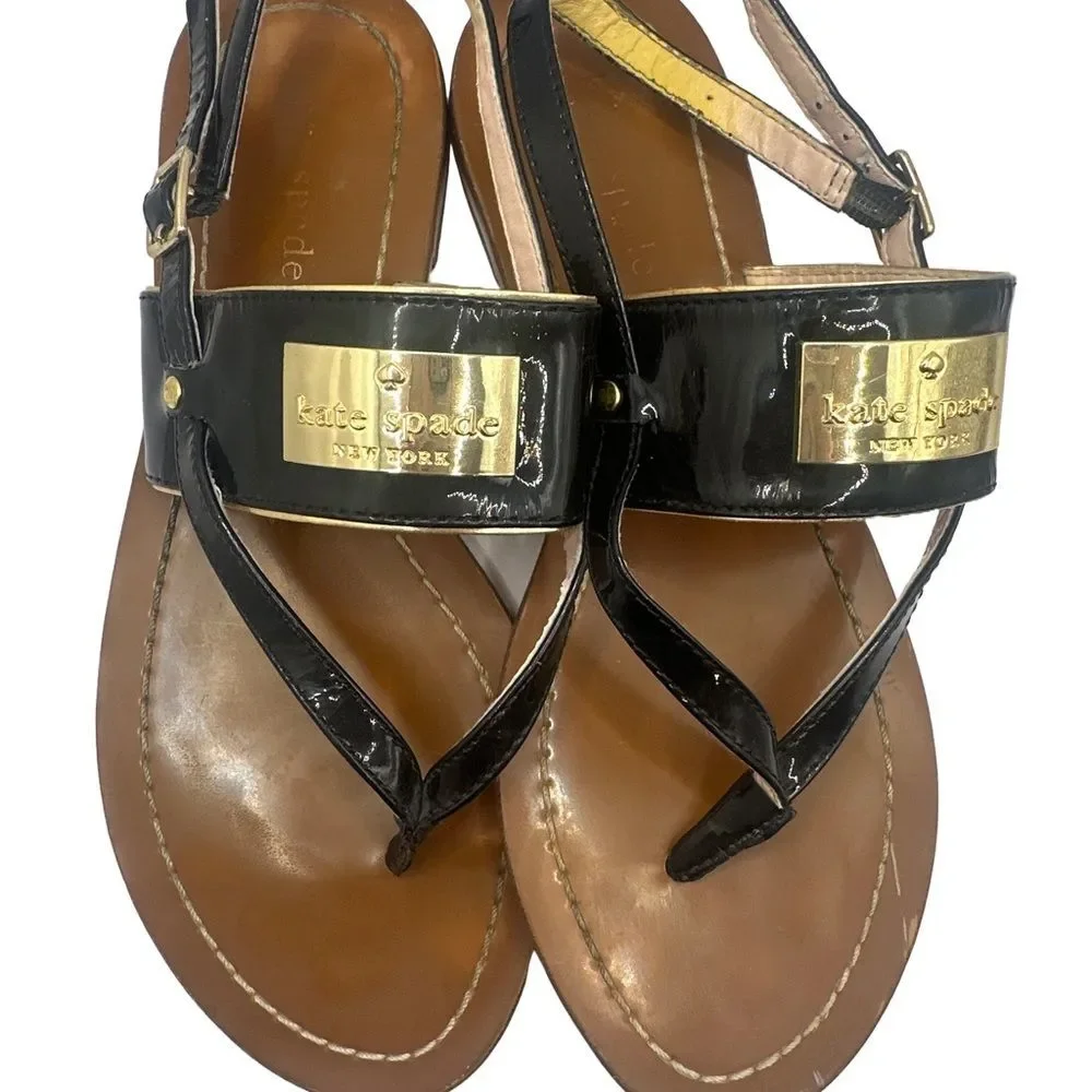 Kate Spade New York- Cassandra Black Patent Leather Thong Flats Size 6